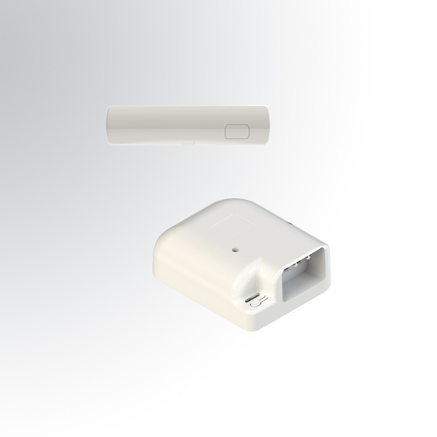 Bilder viser sensor og stikk av komfyrvakt. Her er sensoren hvit-farget. Foto.