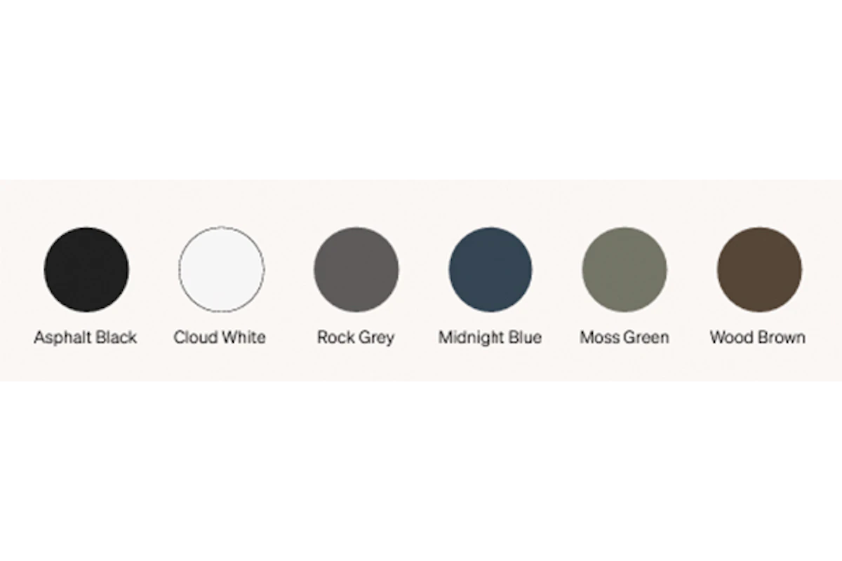 Zaptec Go har seks ulike farger. Fra venstre: Asphalt Black, Cloud White, Rock Gray, Midtnight Blue, Moss Green og Wood Brown. Illustrasjon.