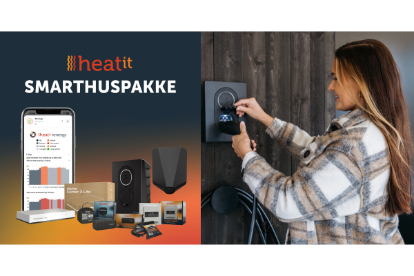 Komplett Smarthuspakke fra Heatit inkludert lader samt en dame som kobler bilen sin til en Zaptec lader. Foto