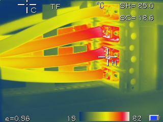 Termografering her synes varme kabler fra gul til rød farge. Foto.