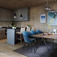 Kjøkken på hytte med belysning og ELKO smarthus system. Foto