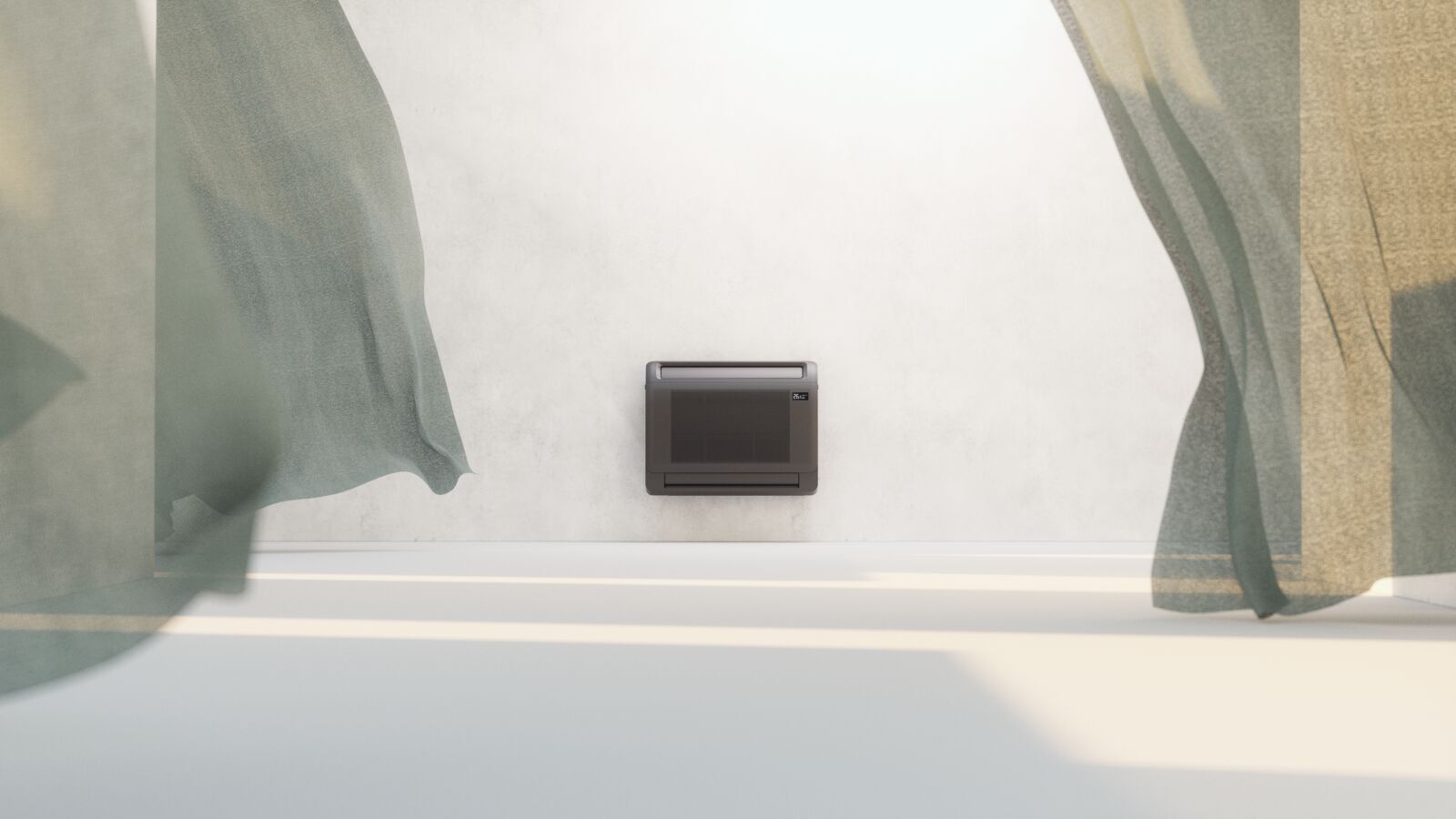 Bilde av ELL Solid varmepumpe med flagrende gardiner. Foto.