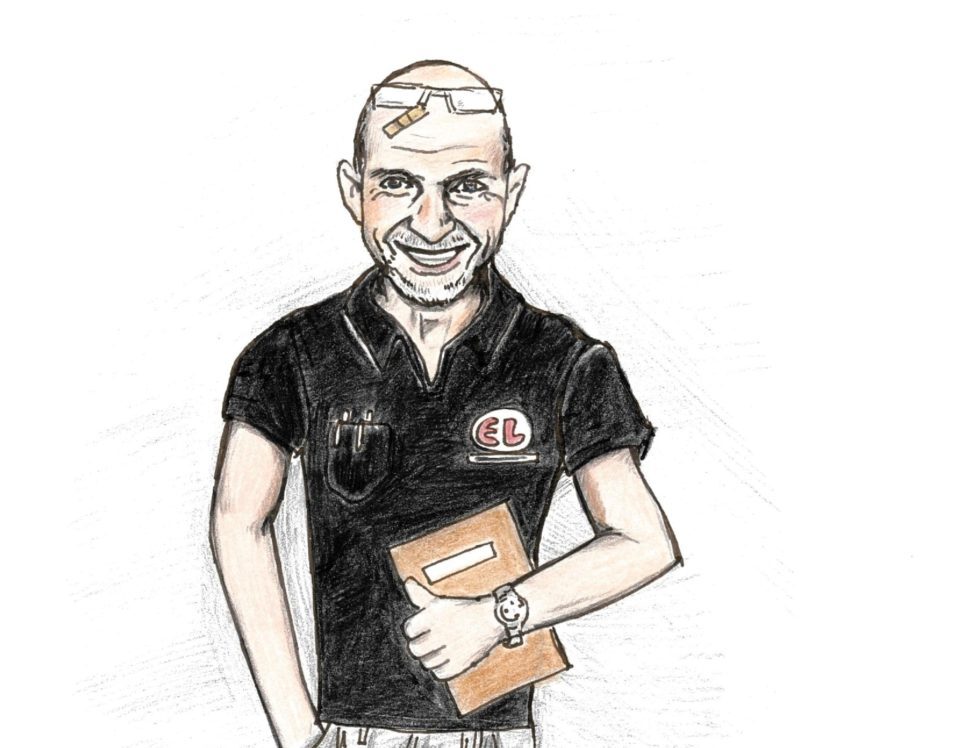 Rolf Erik Halvorsen er elektriker, her i karikaturtegning