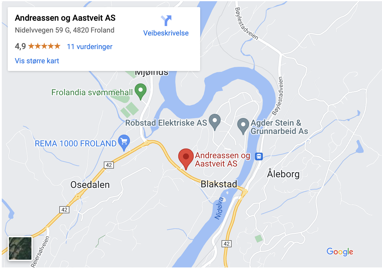 Andreassen & Aastveit AS finner du på adresse Nidelvvegen 39 4820 Froland. Skjermbilde fra Google Maps.