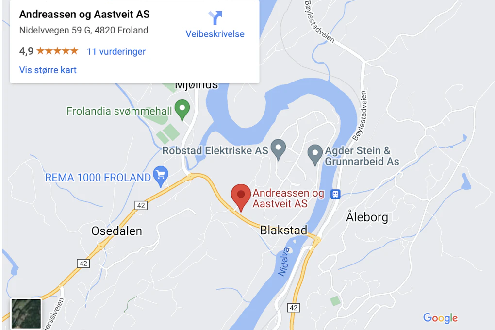 Andreassen & Aastveit AS finner du på adresse Nidelvvegen 39 4820 Froland. Skjermbilde fra Google Maps.