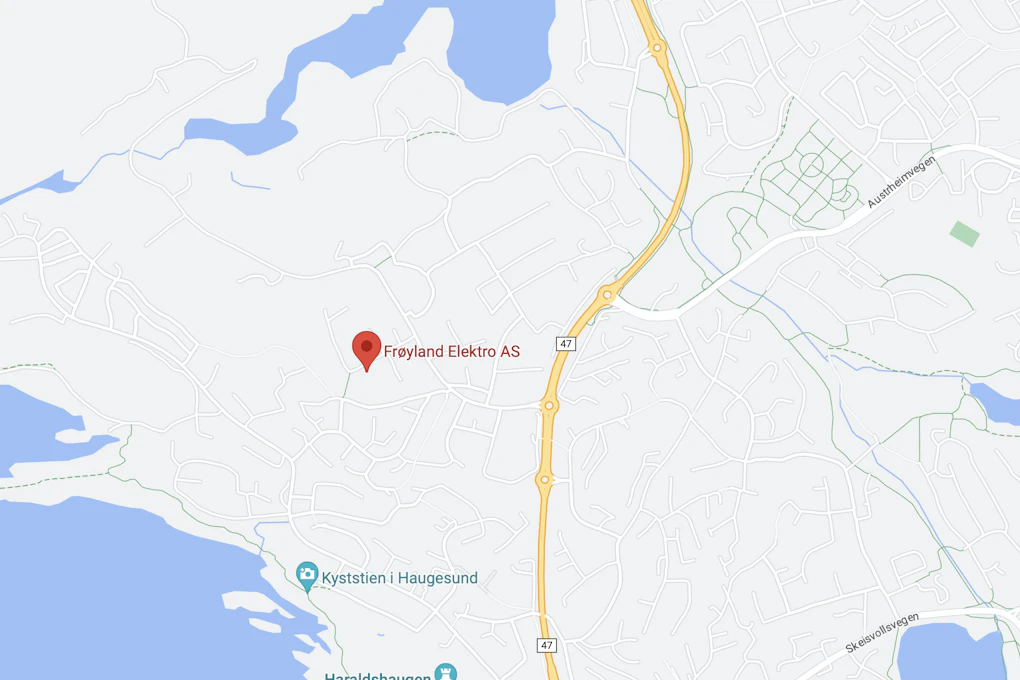 Årabrotsvegen 19 D, 5515 Haugesund, hvor Frøyland Elektro AS holder til. Skjermbilde av Google Maps