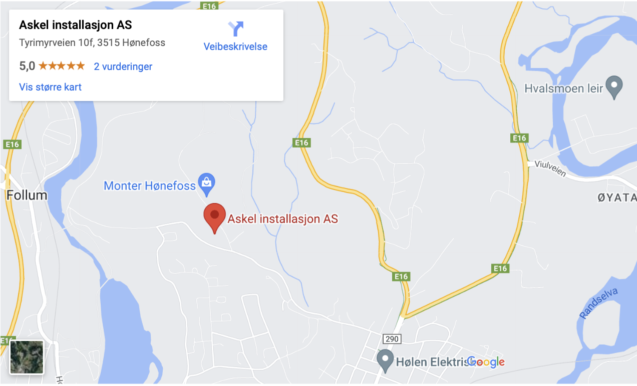 Tyrimyrveien 6 3515 Hønefoss besøksadresse til Askel Installasjon og skjermbilde på Google Maps.