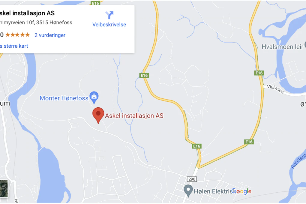 Tyrimyrveien 6 3515 Hønefoss besøksadresse til Askel Installasjon og skjermbilde på Google Maps.