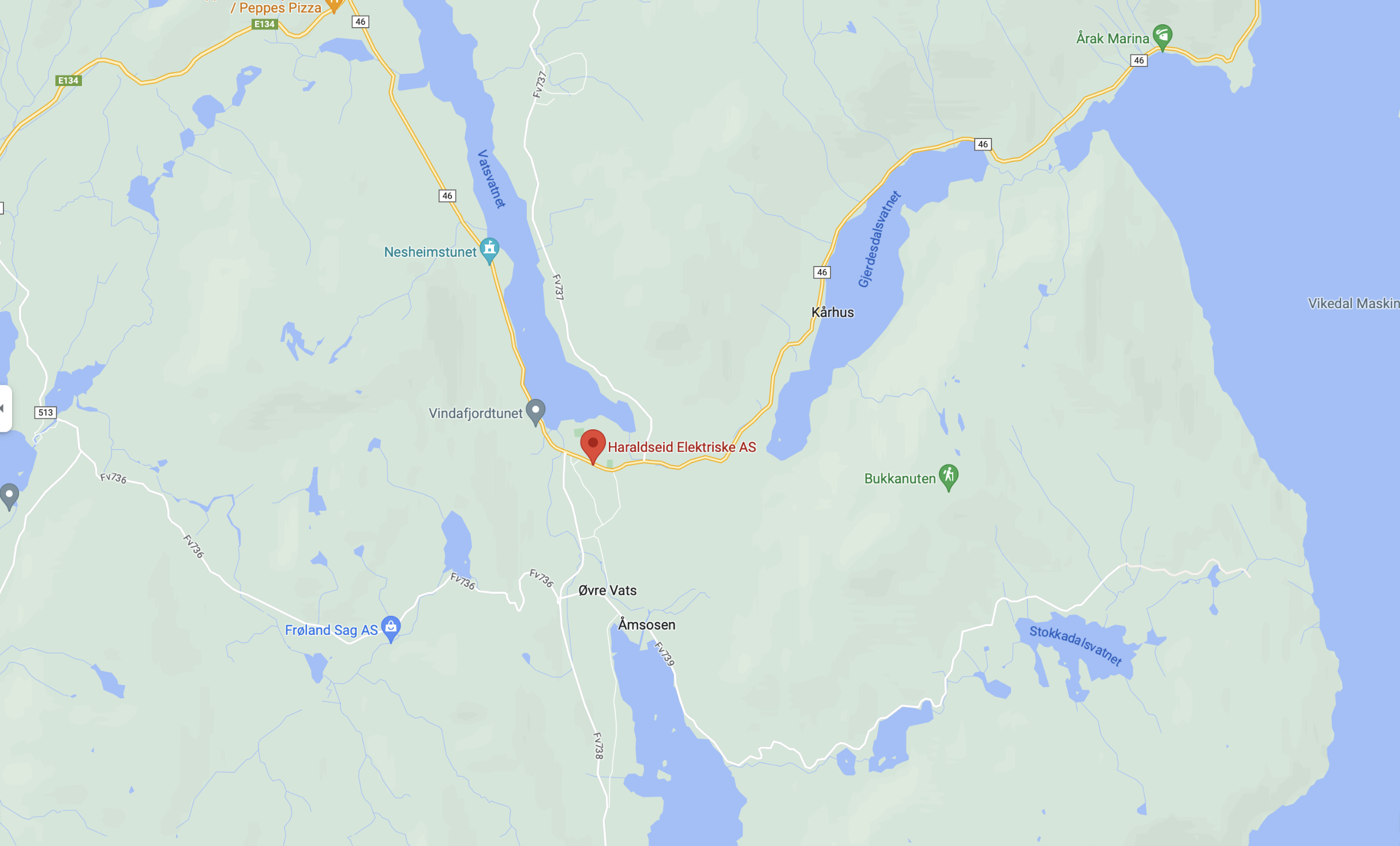 Haraldseid Elektriske AS holder til på Saudavegen 6986  5578 Nedre Vats. Skjermbilde.