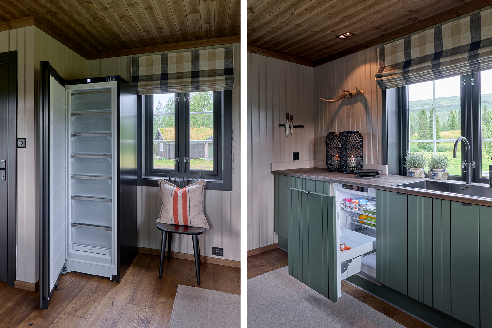 Bilder viser kjøl og fryseskap på kjøkkenet. Foto.