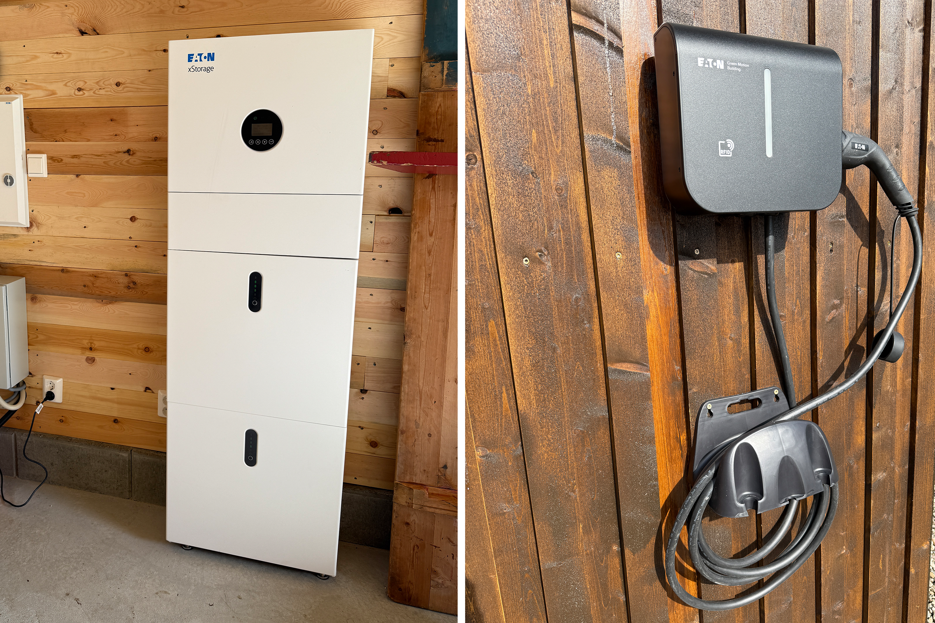 Eaton xStorage Hybrid – kombinert solcelleinverter og batteri i én enhet, sees til venstre. Laderen Green Motion Building til høyre. Foto.