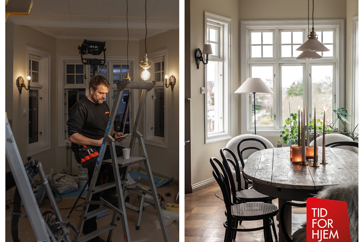 Tid for hjem sesong 22 episode 7. Underveis-bildet til venstre viser Erik som installerer taklampene. Til høyre er det etterbilde av hvor fint det ble. Foto.