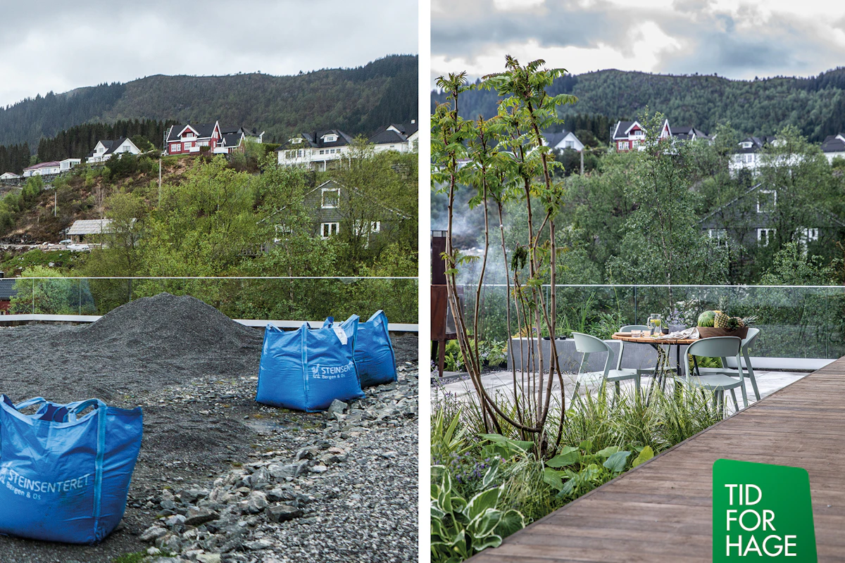 Tid for hjem sesong 5 episode 2 Før og etterbilde mot boligfelt. Etterbilde med terrasse, spisested og nydelige planter. Foto.