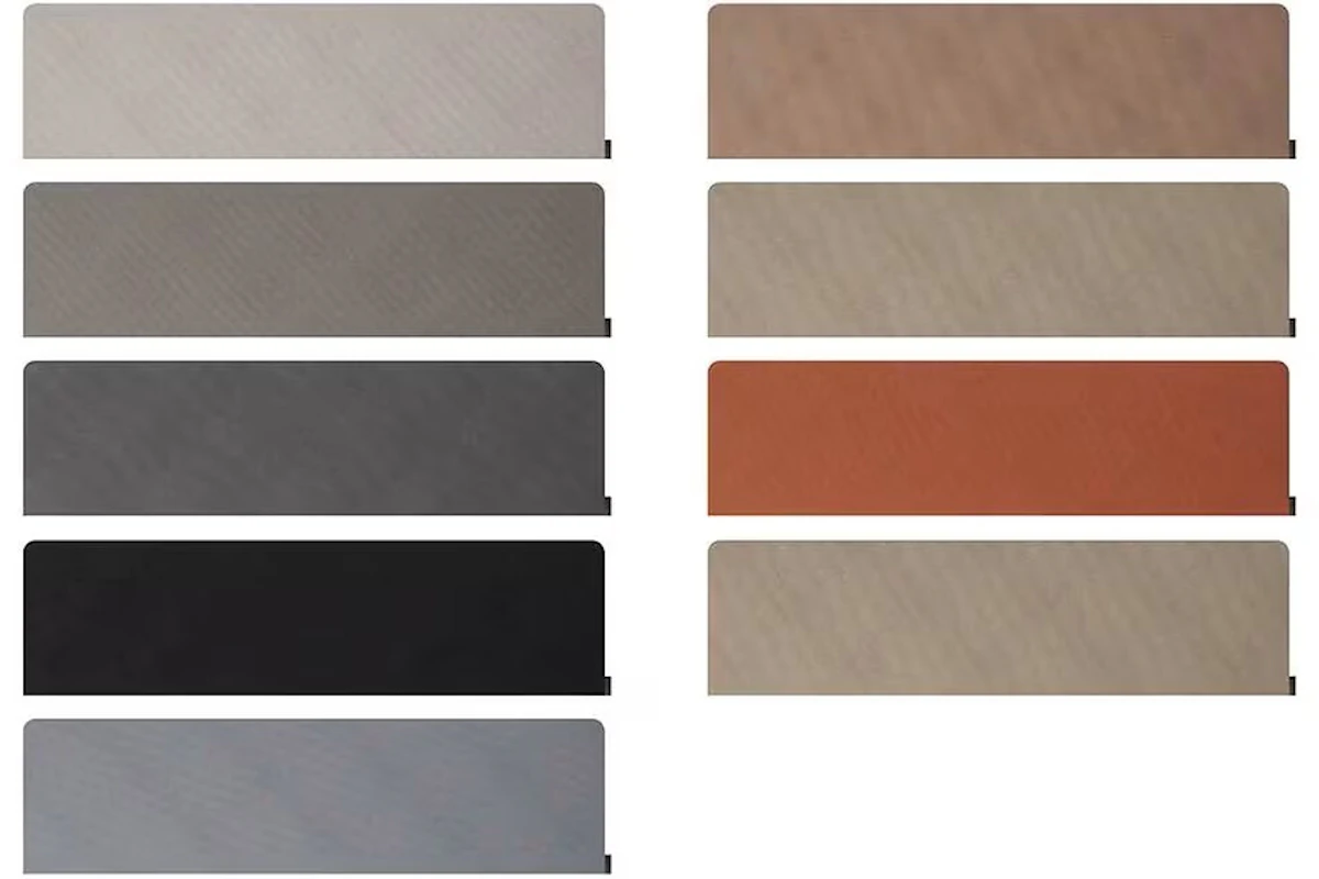 Bildet viser en oversikt over fargene tekstilfronten i ELL Front Varmepumpe kan ha. Illustrasjon.