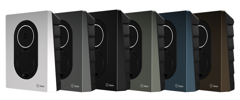 Zaptec GO elbillader i alle 6 fargene, hvit, grå, sort, mosegrønn, blå og brun. Bilde