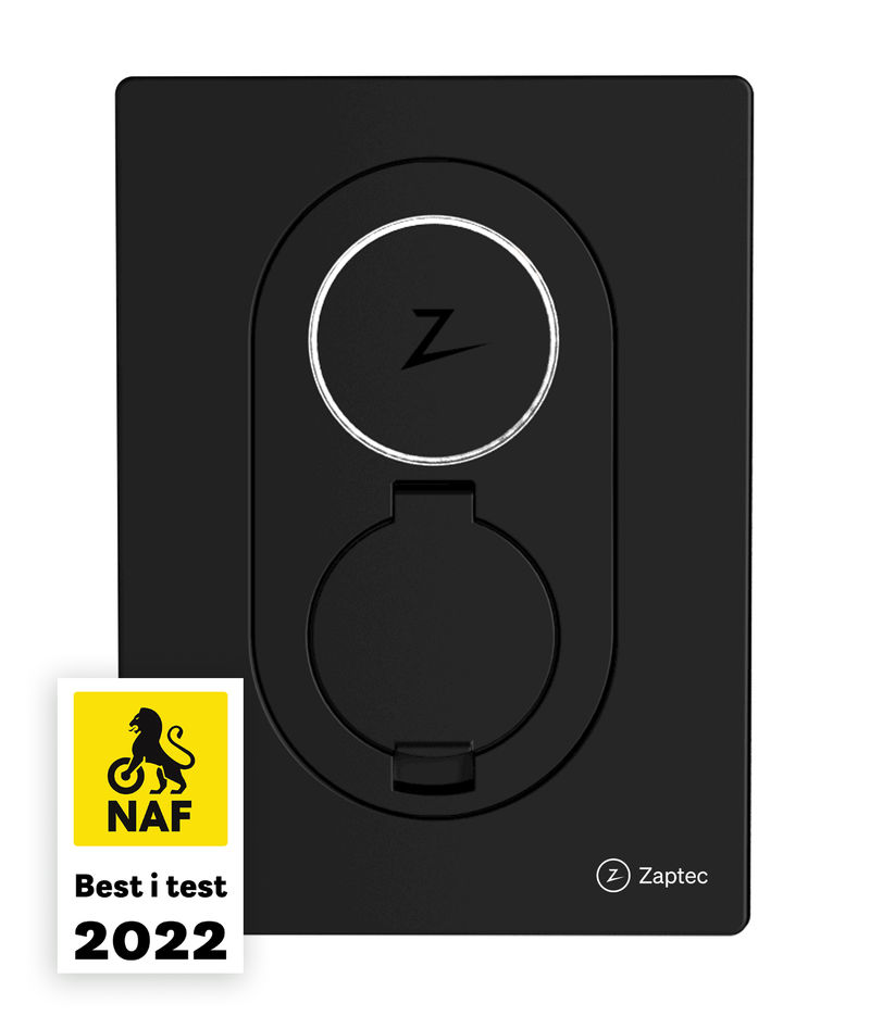 Zaptec GO elbillader i sort som viser merke NAF Best i test 2022. Bilde