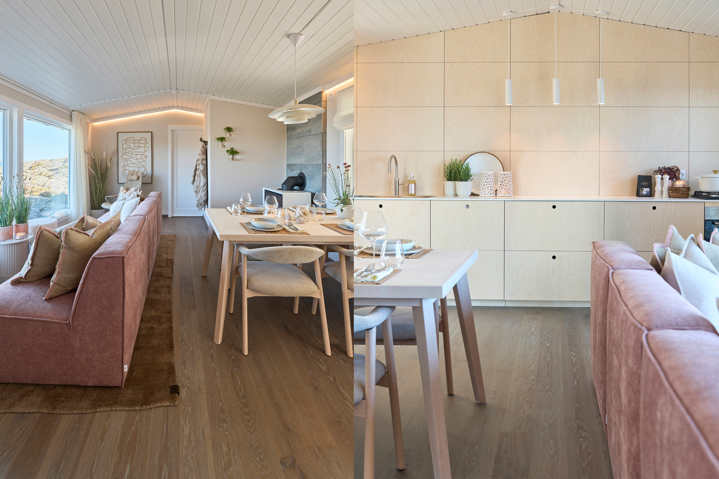 Bilder av stue med LED-striper og lamper