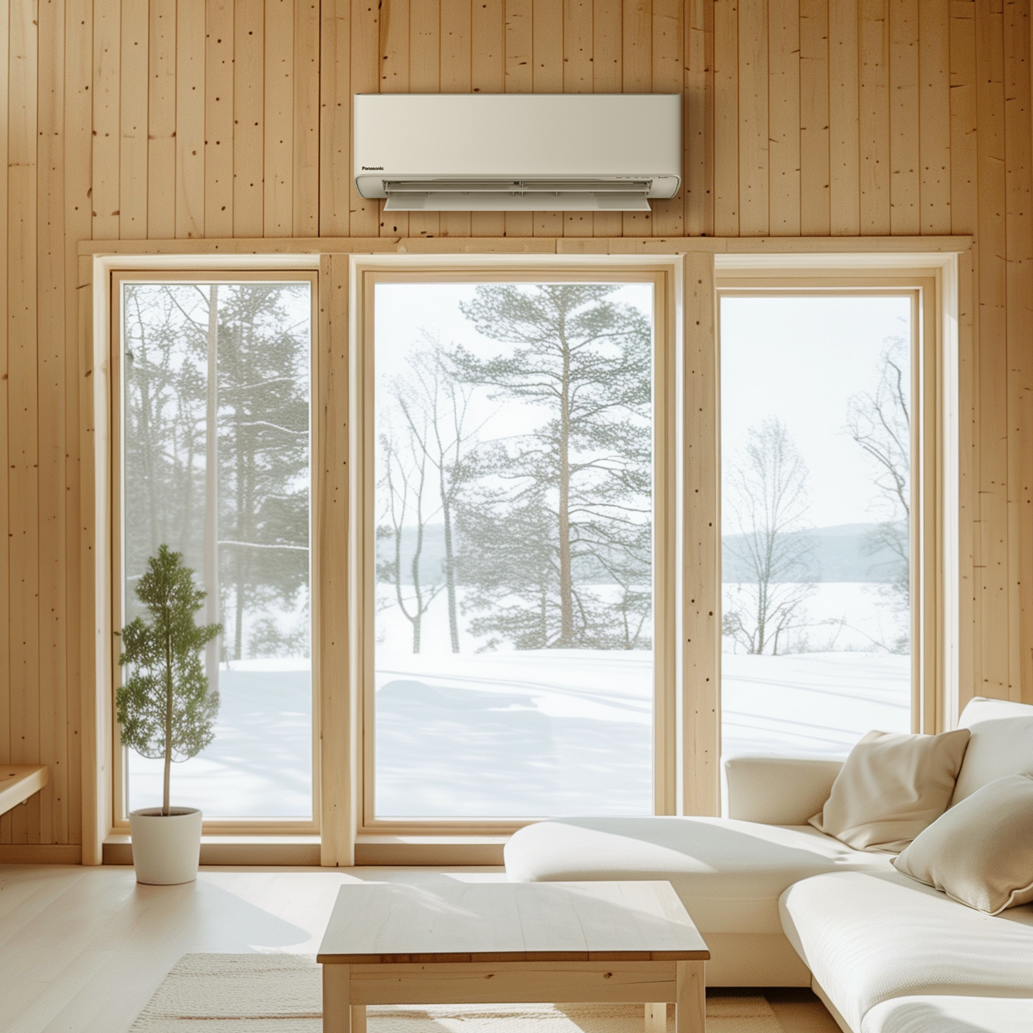 Bildet viser en stue med store vinduer, snø utenfor, og en Panasonic varmepumpe. Foto.