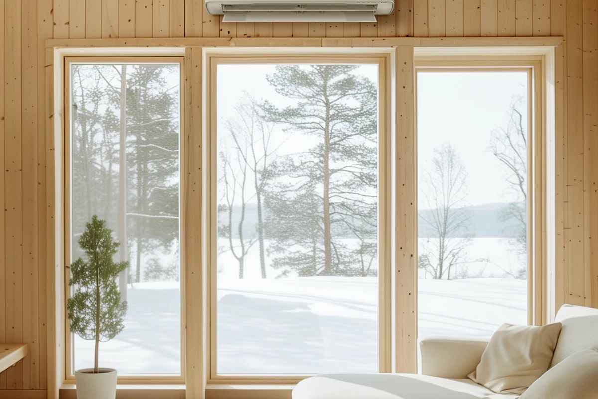 Bildet viser en stue med store vinduer, snø utenfor, og en Panasonic varmepumpe. Foto.