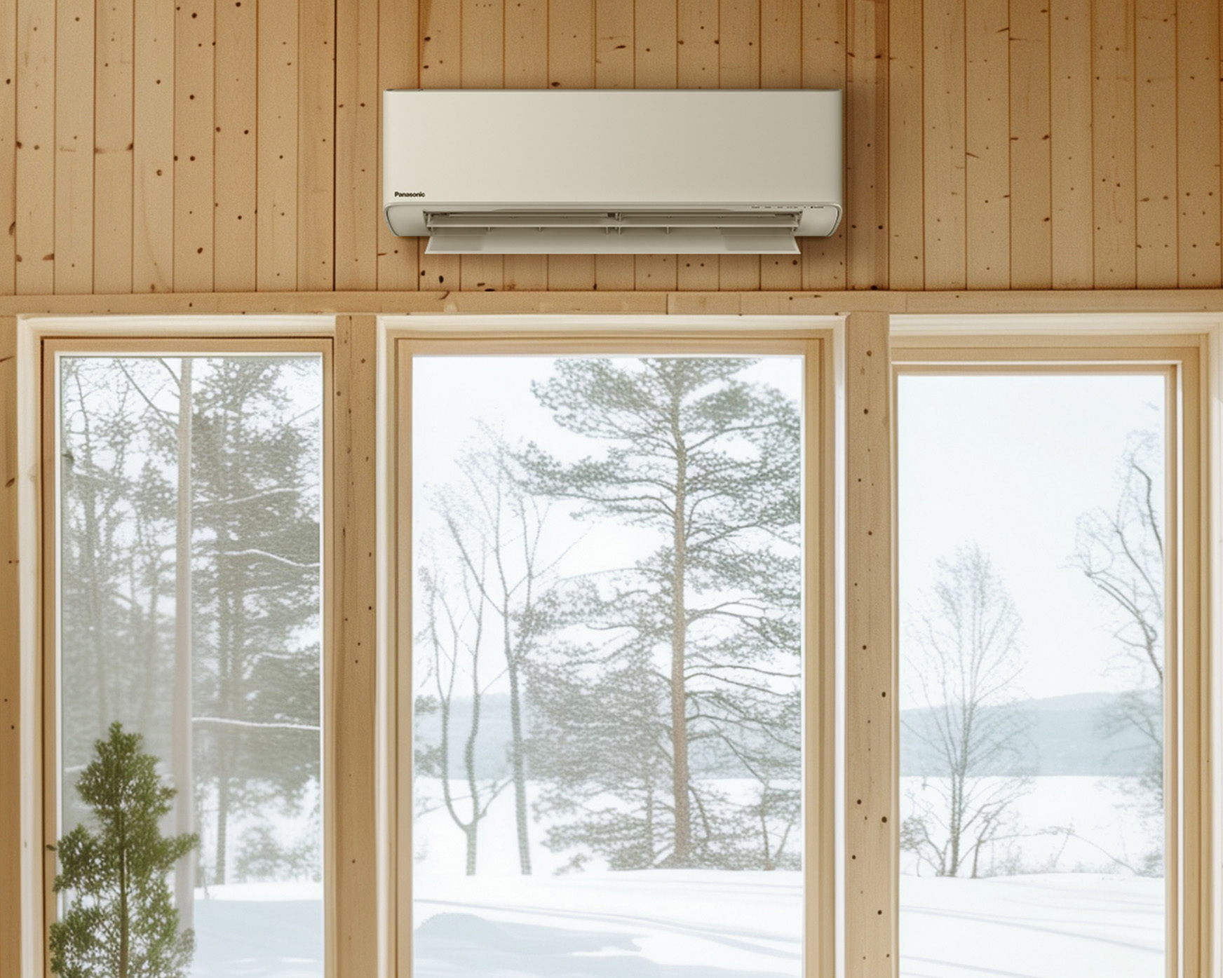 Bilde av en stue med vinter på utsiden av vinduet. Varmepumpe montert over vinduet. Foto.