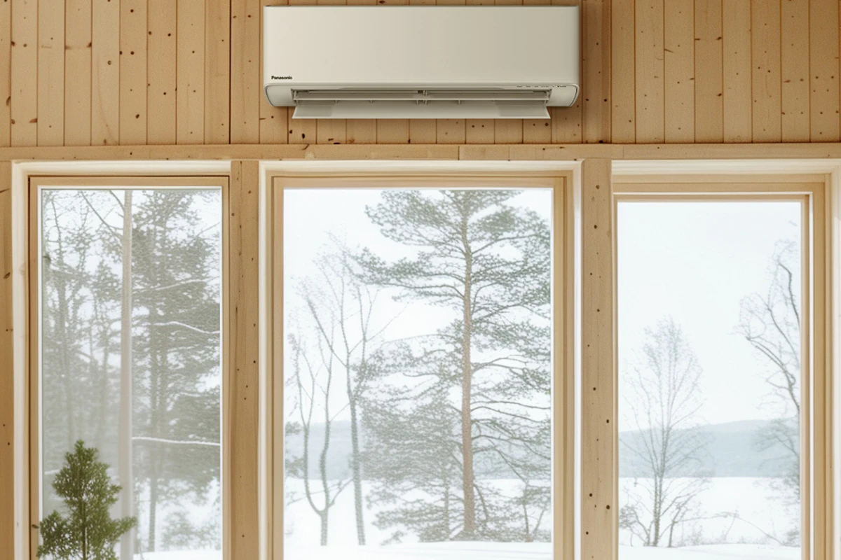 Bilde av en stue med vinter på utsiden av vinduet. Varmepumpe montert over vinduet. Foto.